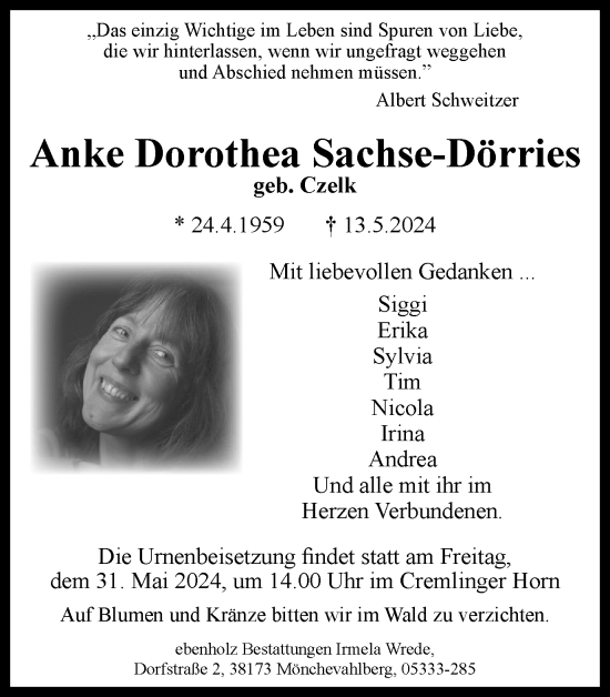 Traueranzeige von Anke Dorothea Sachse-Dörries von Braunschweiger Zeitung