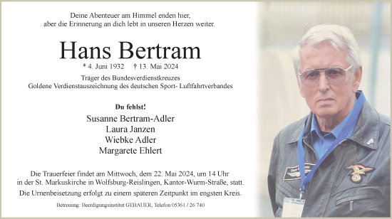 Traueranzeige von Hans Bertram von Wolfsburger Nachrichten, Helmstedter Nachrichten