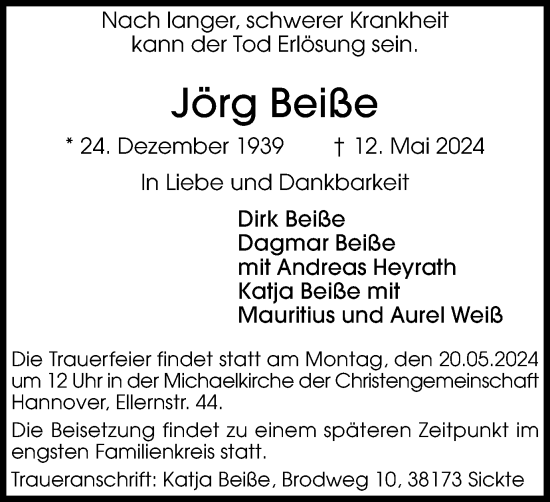 Traueranzeige von Jörg Beiße von Braunschweiger Zeitung