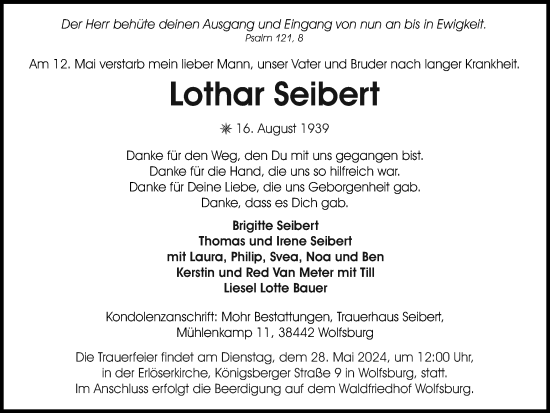 Traueranzeige von Lothar Seibert von Wolfsburger Nachrichten
