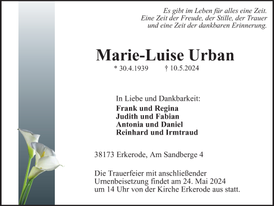 Traueranzeige von Marie-Luise Urban von Wolfenbütteler Zeitung