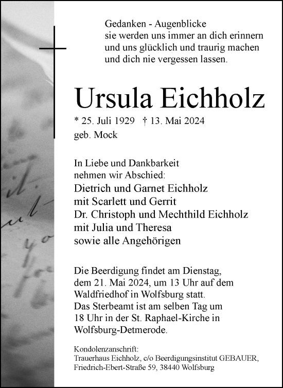 Traueranzeige von Ursula Eichholz von Wolfsburger Nachrichten