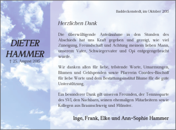 Traueranzeige von DIETER HAMMER von Salzgitter Zeitung