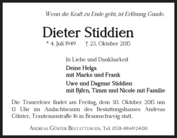 Traueranzeige von Dieter Stiddien von Braunschweiger Zeitung