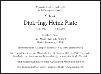 Traueranzeige von Dipl.-Ing. Heinz Plate von Braunschweiger Zeitung