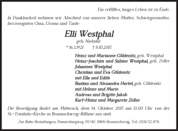 Traueranzeige von Elli Westphal von Braunschweiger Zeitung