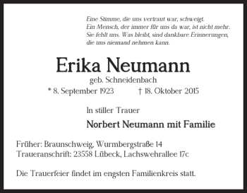 Traueranzeige von Erika Neumann von Braunschweiger Zeitung