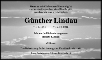 Traueranzeige von Günther Lindau von Wolfsburger Nachrichten