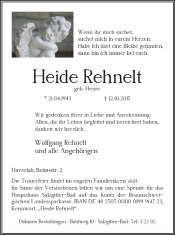 Traueranzeige von Heide Rehnelt von Salzgitter Zeitung