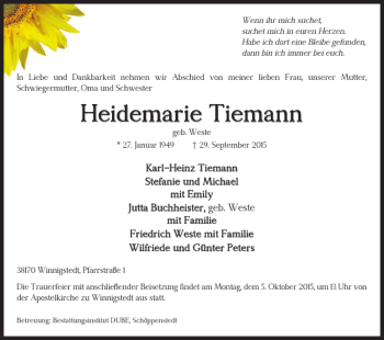 Traueranzeige von Heidemarie Tiemann von Wolfenbütteler Zeitung