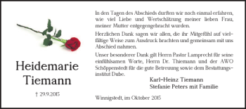 Traueranzeige von Heidemarie Tiemann von Wolfenbütteler Zeitung