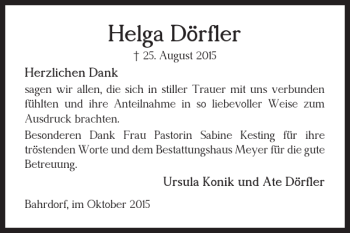 Traueranzeige von Helga Dörfler von Helmstedter Nachrichten