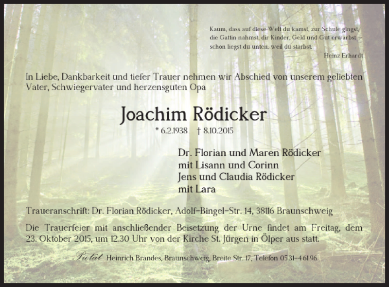  Traueranzeige für Joachim Rödicker vom 16.10.2015 aus Braunschweiger Zeitung