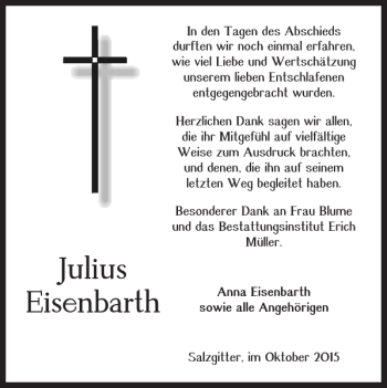 Traueranzeige von Julius Eisenbarth von Salzgitter Zeitung