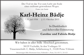 Traueranzeige von Karl-Heinz Bädje von Peiner Nachrichten