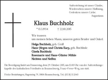 Traueranzeige von Klaus Buchholz von Braunschweiger Zeitung