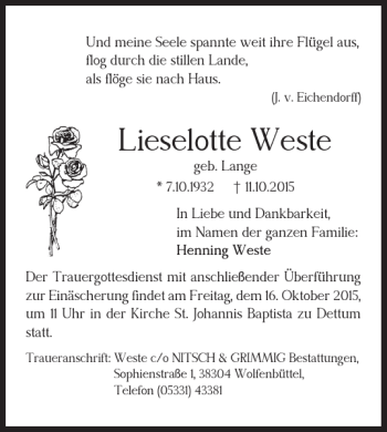 Traueranzeige von Lieselotte Weste von Wolfenbütteler Zeitung