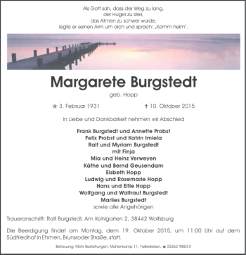 Traueranzeige von Margarete Burgstedt von Wolfsburger Nachrichten