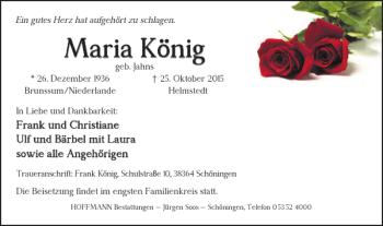 Traueranzeige von Maria König von Helmstedter Nachrichten