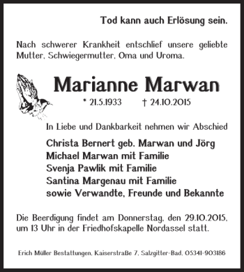 Traueranzeige von Marianne Marwan von Salzgitter Zeitung