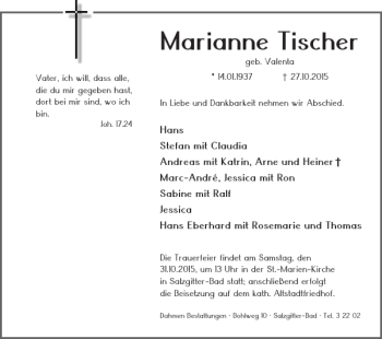 Traueranzeige von Marianne Tischer von Salzgitter Zeitung