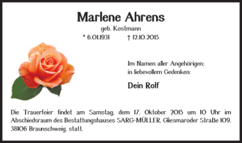 Traueranzeige von Marlene Ahrens von Braunschweiger Zeitung