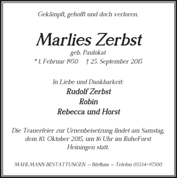 Traueranzeige von Marlies Zerbst von Wolfenbütteler Zeitung