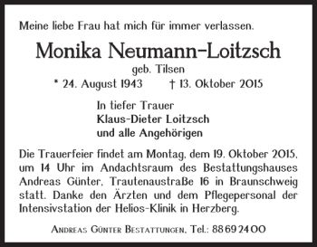 Traueranzeige von Monika Neumann-Loitzsch von Braunschweiger Zeitung
