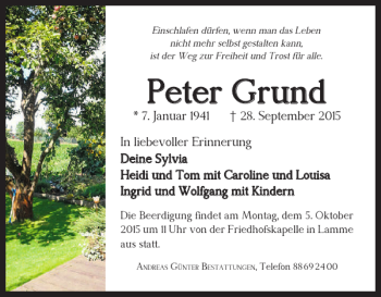 Traueranzeige von Peter Grund von Braunschweiger Zeitung