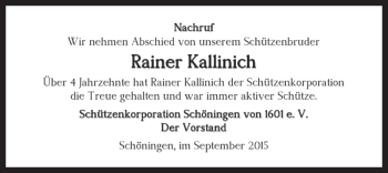 Traueranzeige von Rainer Kallinich von Helmstedter Nachrichten