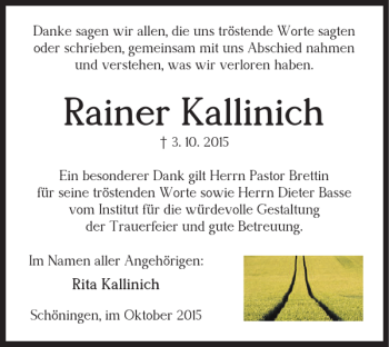 Traueranzeige von Rainer Kallinich von Helmstedter Nachrichten