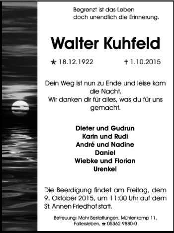 Traueranzeige von Walter Kuhfeld von Wolfsburger Nachrichten