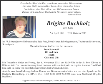 Traueranzeige von Brigitte Buchholz von Wolfenbütteler Zeitung