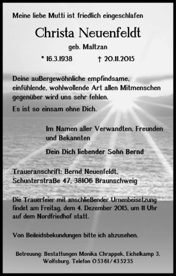 Traueranzeige von Christa Neuenfeldt von Wolfsburger Nachrichten