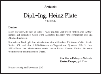 Traueranzeige von Dipl.-Ing. Heinz Plate von Braunschweiger Zeitung