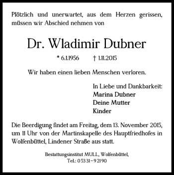 Traueranzeige von Dr. Wladimir Dubner von Braunschweiger Zeitung