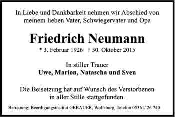 Traueranzeige von Friedrich Neumann von Wolfsburger Nachrichten
