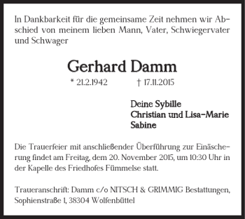 Traueranzeige von Gerhard Damm von Wolfenbütteler Zeitung