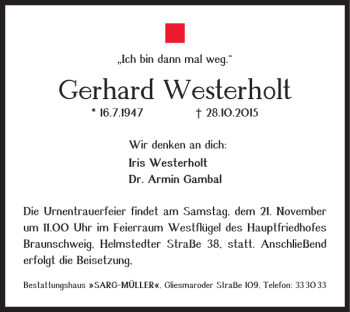 Traueranzeige von Gerhard Westerholt von Braunschweiger Zeitung