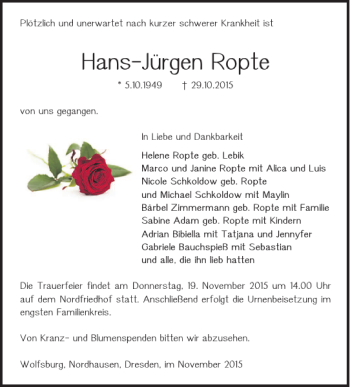 Traueranzeige von Hans-Jürgen Ropte von Wolfsburger Nachrichten