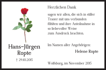 Traueranzeige von Hans-Jürgen Ropte von Wolfsburger Nachrichten