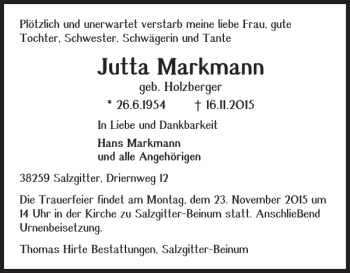 Traueranzeige von Jutta Markmann von Salzgitter Zeitung