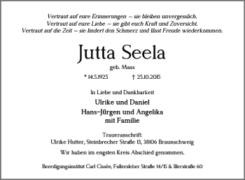 Traueranzeige von Jutta Seela von Braunschweiger Zeitung