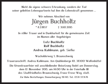 Traueranzeige von Jürgen Buchholtz von Braunschweiger Zeitung