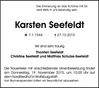 Traueranzeige von Karsten Seefeldt von Wolfsburger Nachrichten
