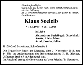 Traueranzeige von Klaus Seeleib von Braunschweiger Zeitung