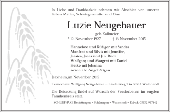 Traueranzeige von Luzie Neugebauer von Helmstedter Nachrichten