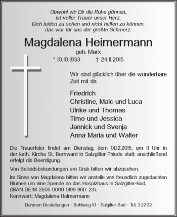 Traueranzeige von Magdalena Heimermann von Salzgitter Zeitung