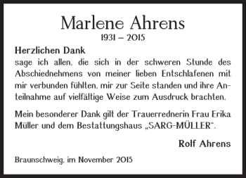 Traueranzeige von Marlene Ahrens von Braunschweiger Zeitung
