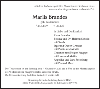 Traueranzeige von Marlis Brandes von Braunschweiger Zeitung